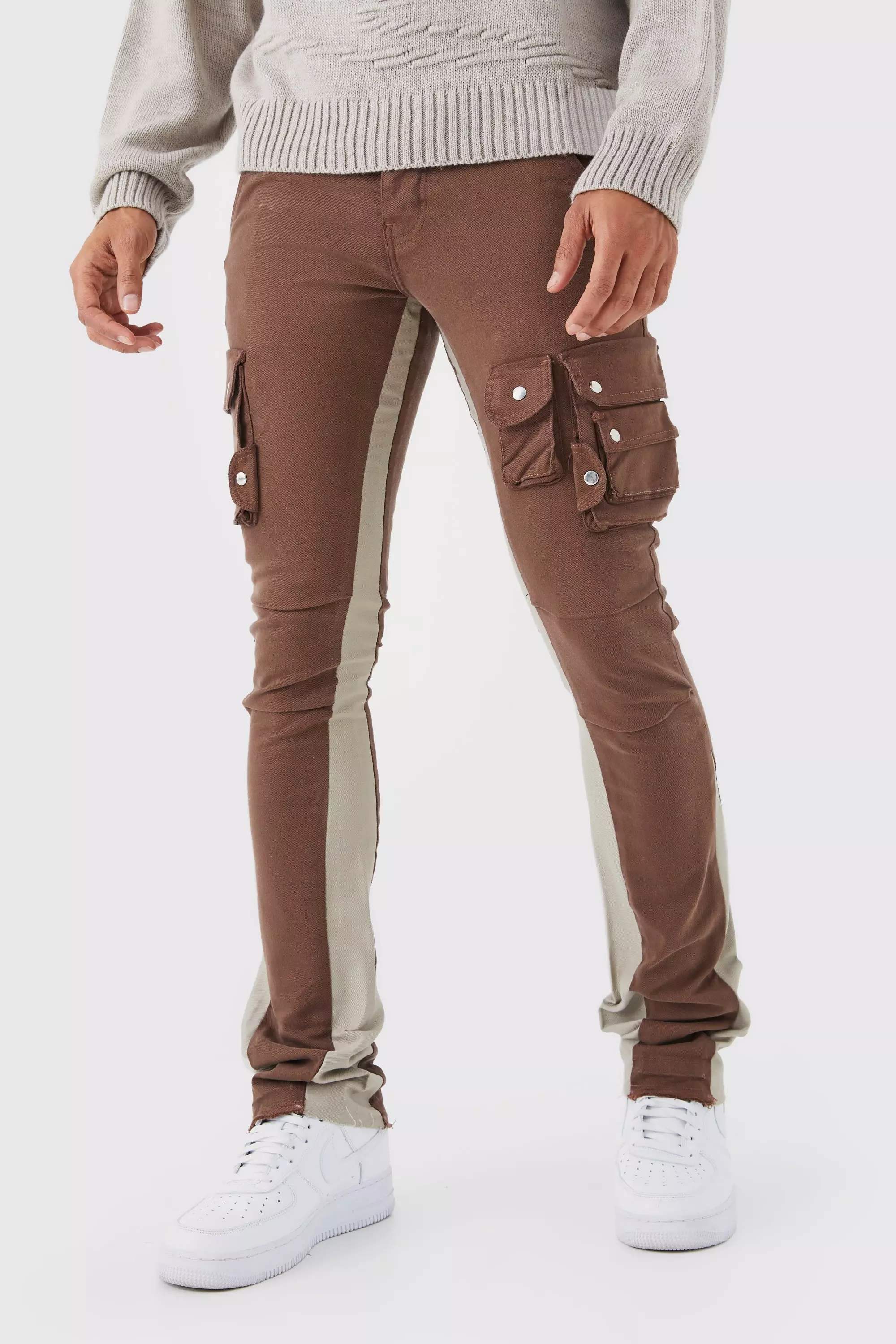 Chocolate Brown Fixed Waist Skinny Stacked Flare 3d Cargo Pants