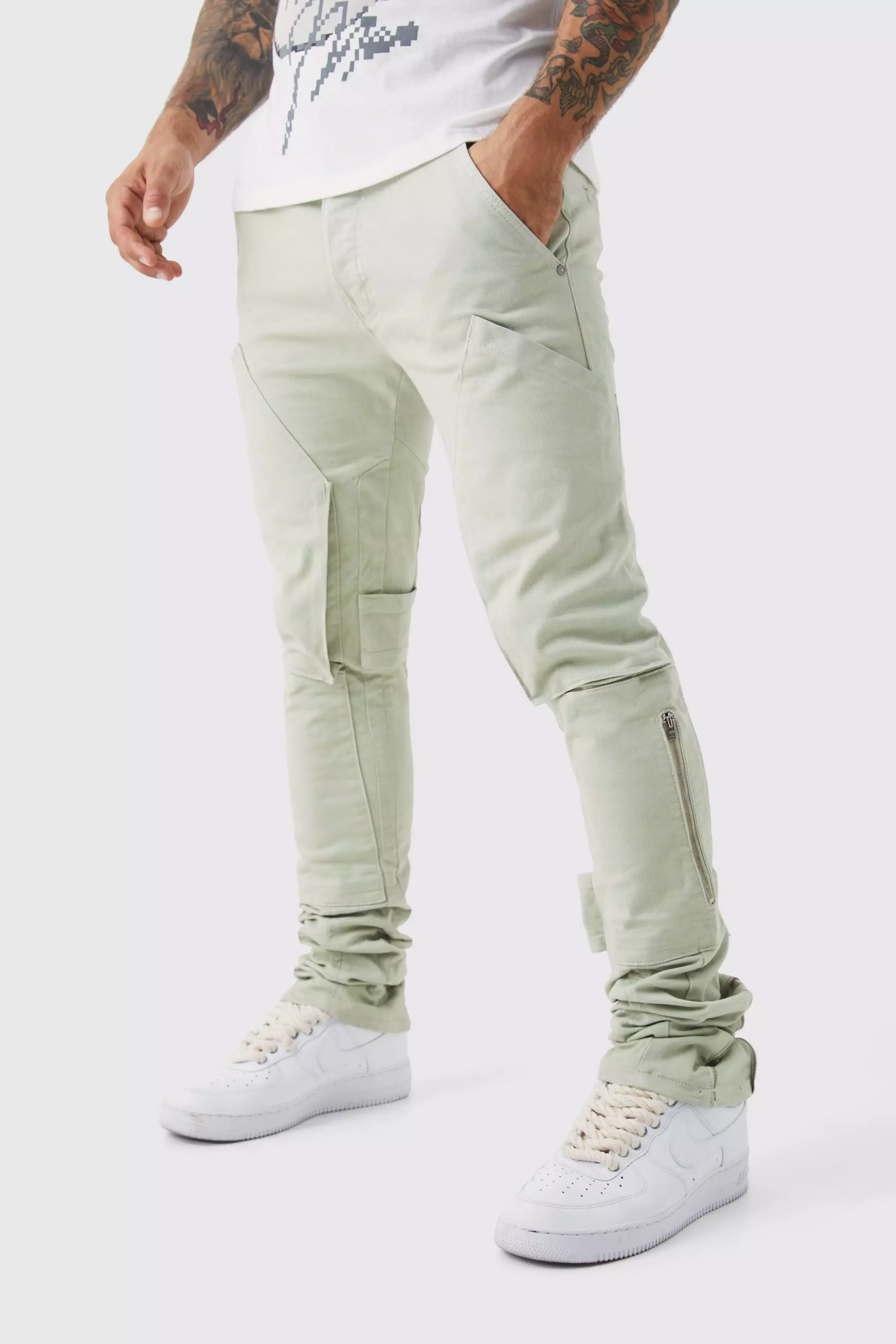 Sage Green Fixed Waist Skinny Stacked Gusset Strap Cargo Pants