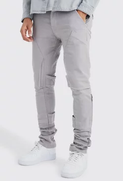 Grey Fixed Waist Skinny Stacked Gusset Strap Cargo Pants