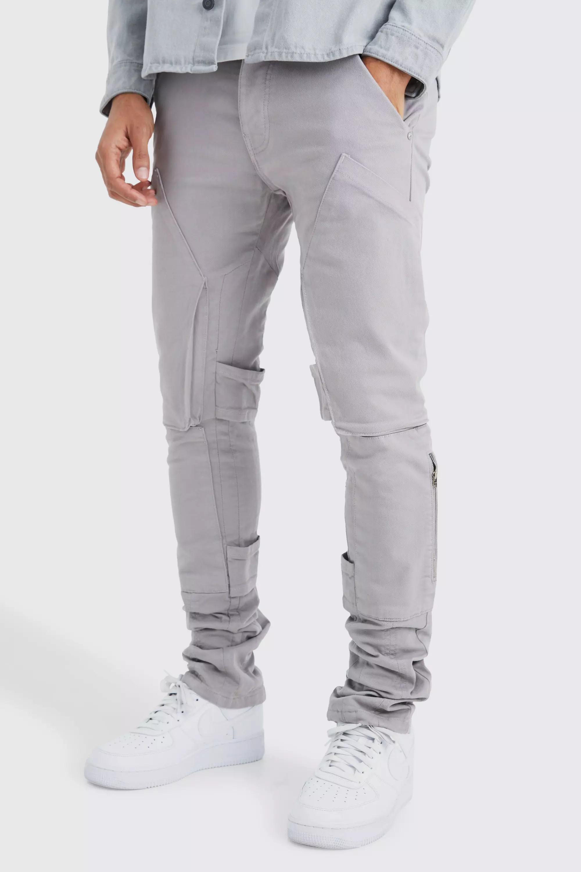 Dark-grey Grey Fixed Waist Skinny Stacked Gusset Strap Cargo Pants
