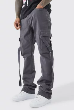 Charcoal Grey Fixed Waist Slim Stacked Flare Strap Cargo Pants