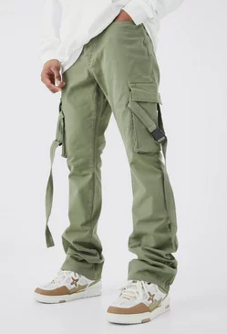 Fixed Waist Slim Stacked Flare Strap Cargo Pants Olive