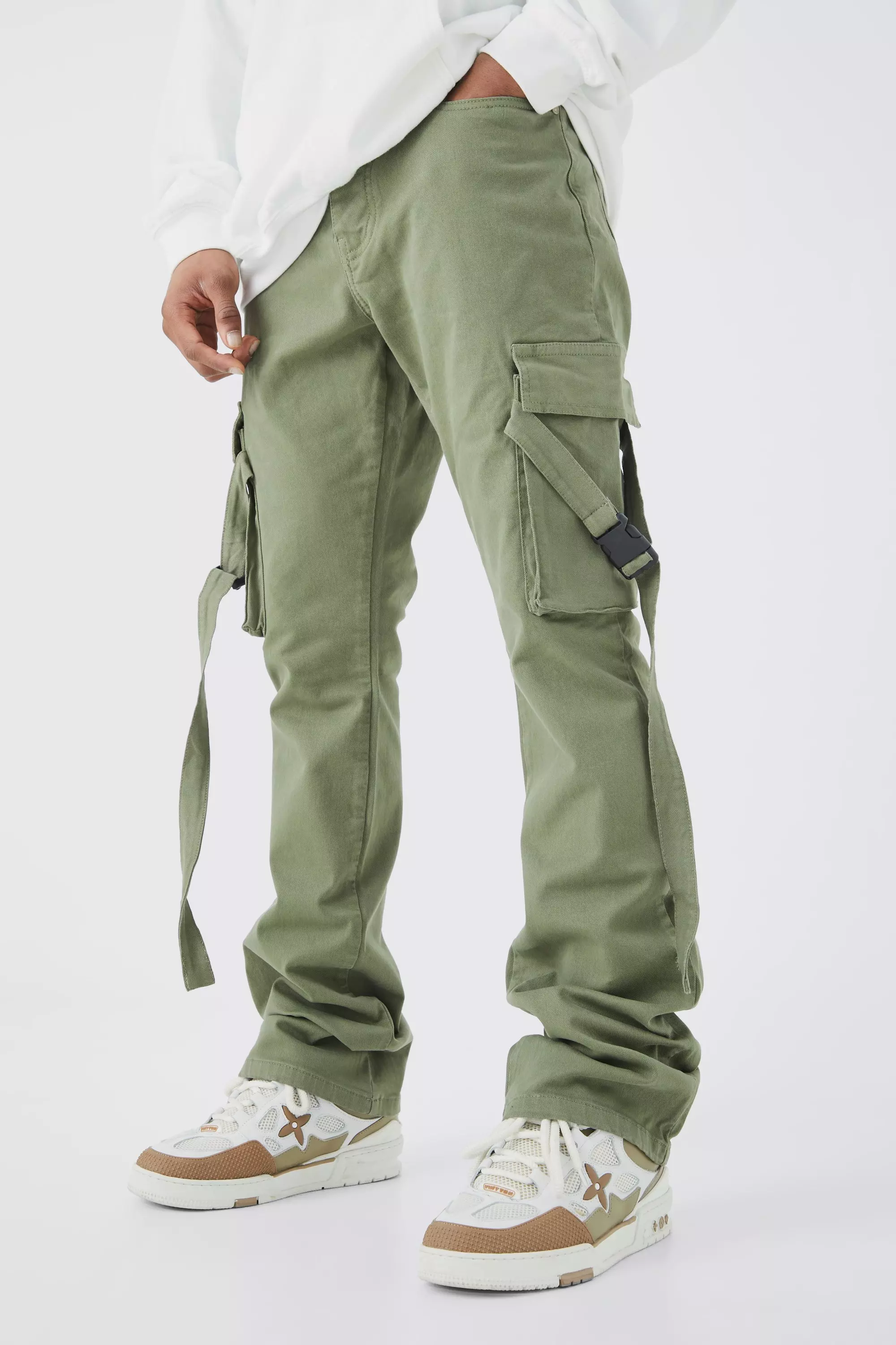 Fixed Waist Slim Stacked Flare Strap Cargo Pants Olive