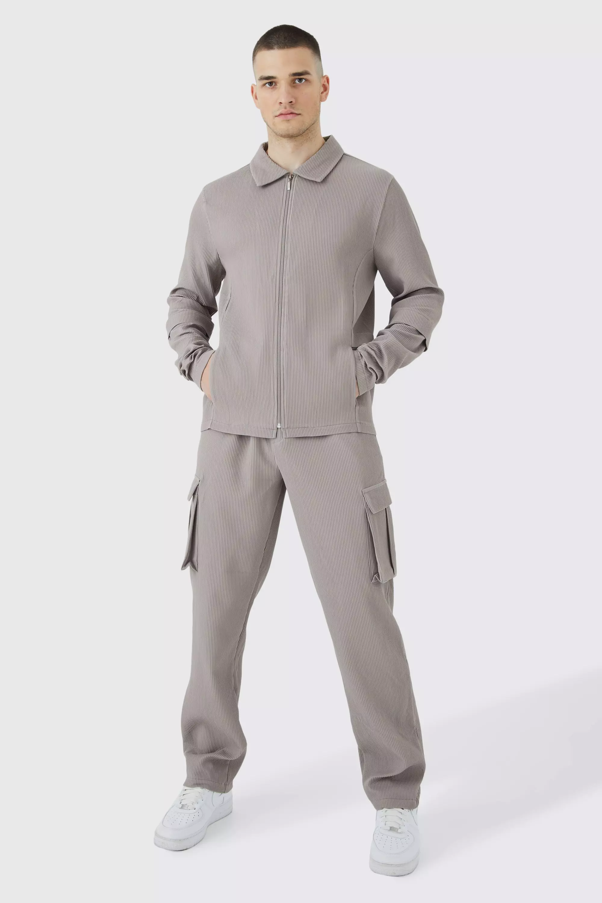 Tall Pleated Zip Shirt & Elasticated Straight Cargo Set Taupe