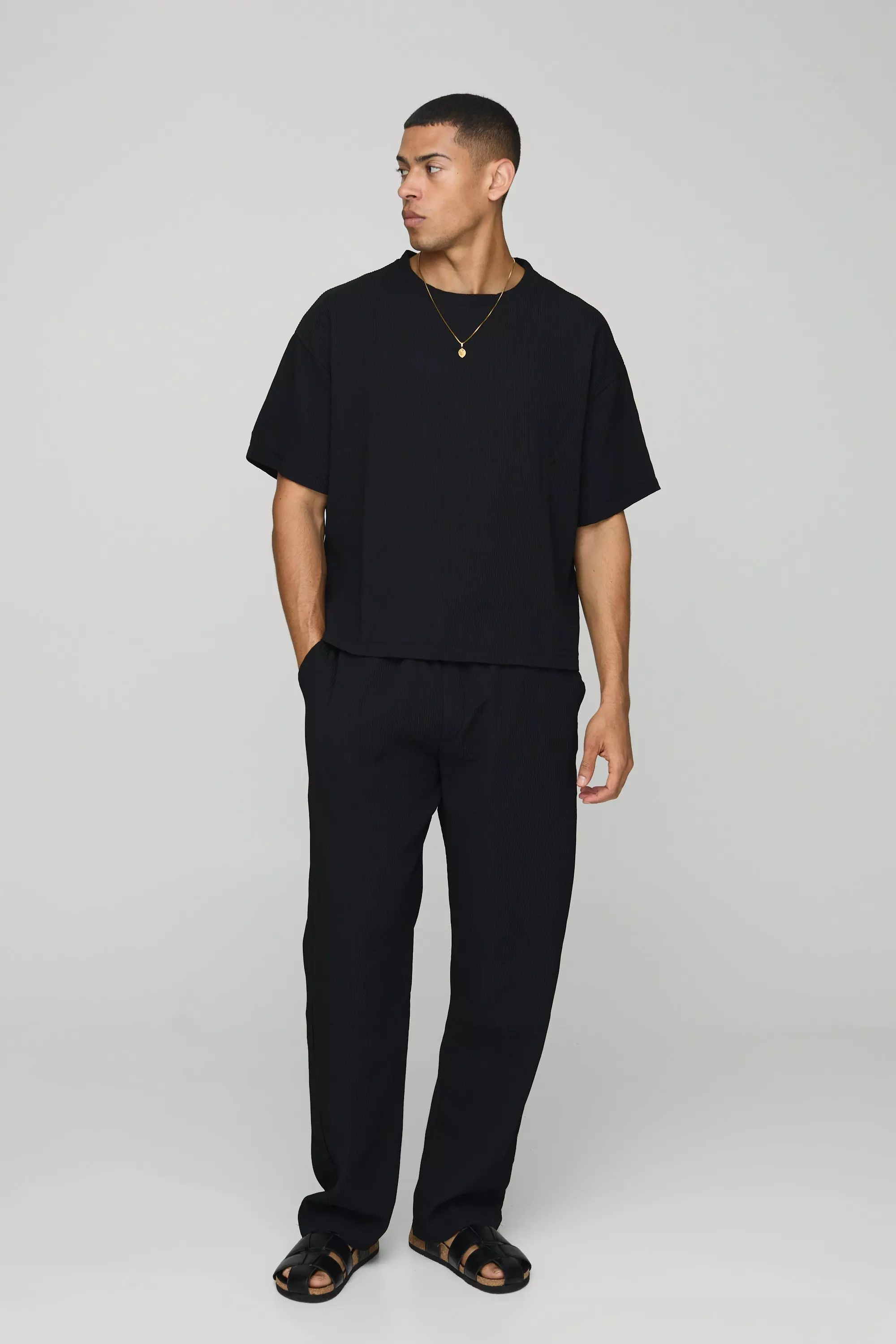 Pleated Long Sleeve Boxy T-Shirt & Straight Trouser Set | boohooMAN UK
