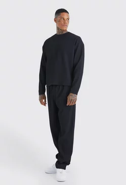 Pleated Long Sleeve Boxy T-Shirt & Straight Pants Set Black