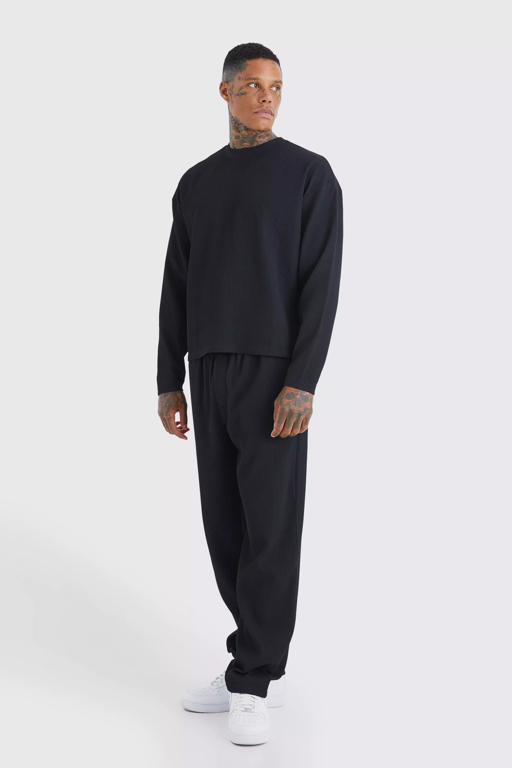 Black Pleated Long Sleeve Boxy T-Shirt & Straight Pants Set