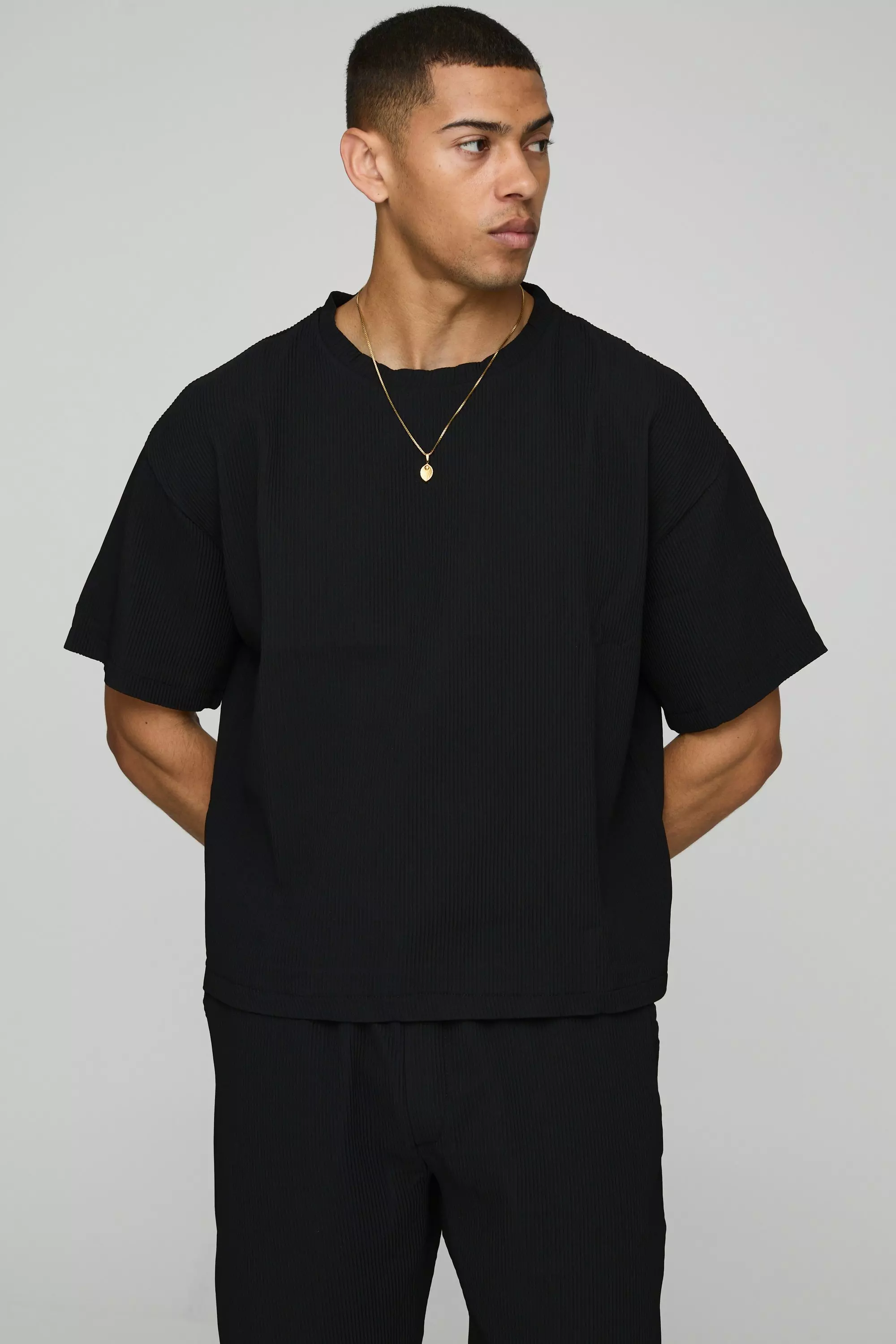 Pleated Long Sleeve Boxy T-Shirt & Straight Trouser Set | boohooMAN UK