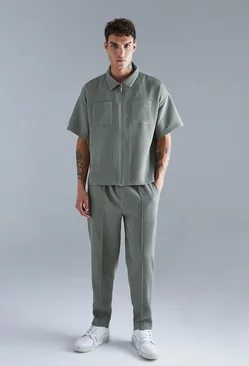 Sage Green Pleated Short Sleeve Shirt & Elasticated Pintuck Pants Set