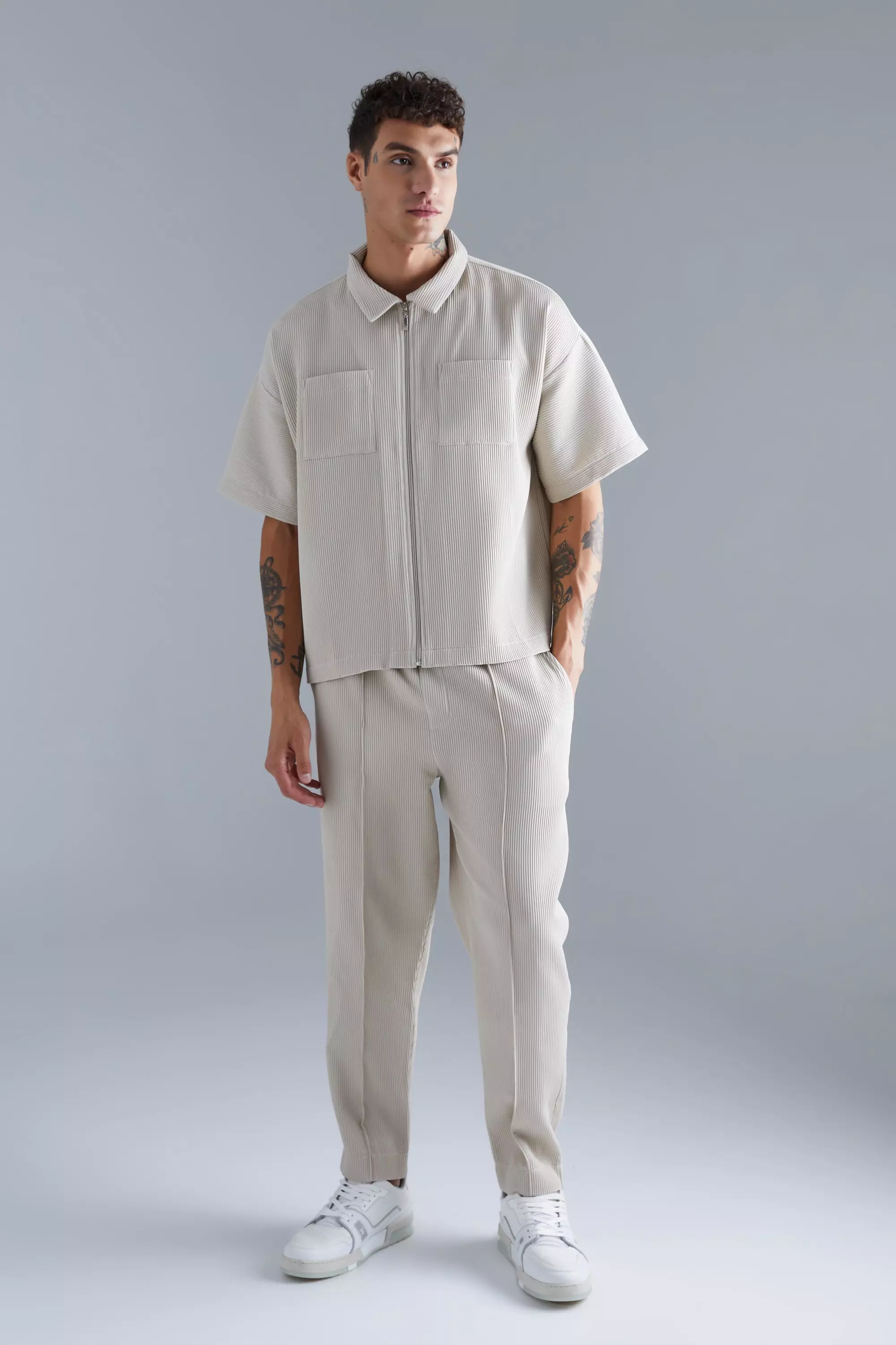 Pleated Short Sleeve Shirt & Elasticated Pintuck Pants Set Grey