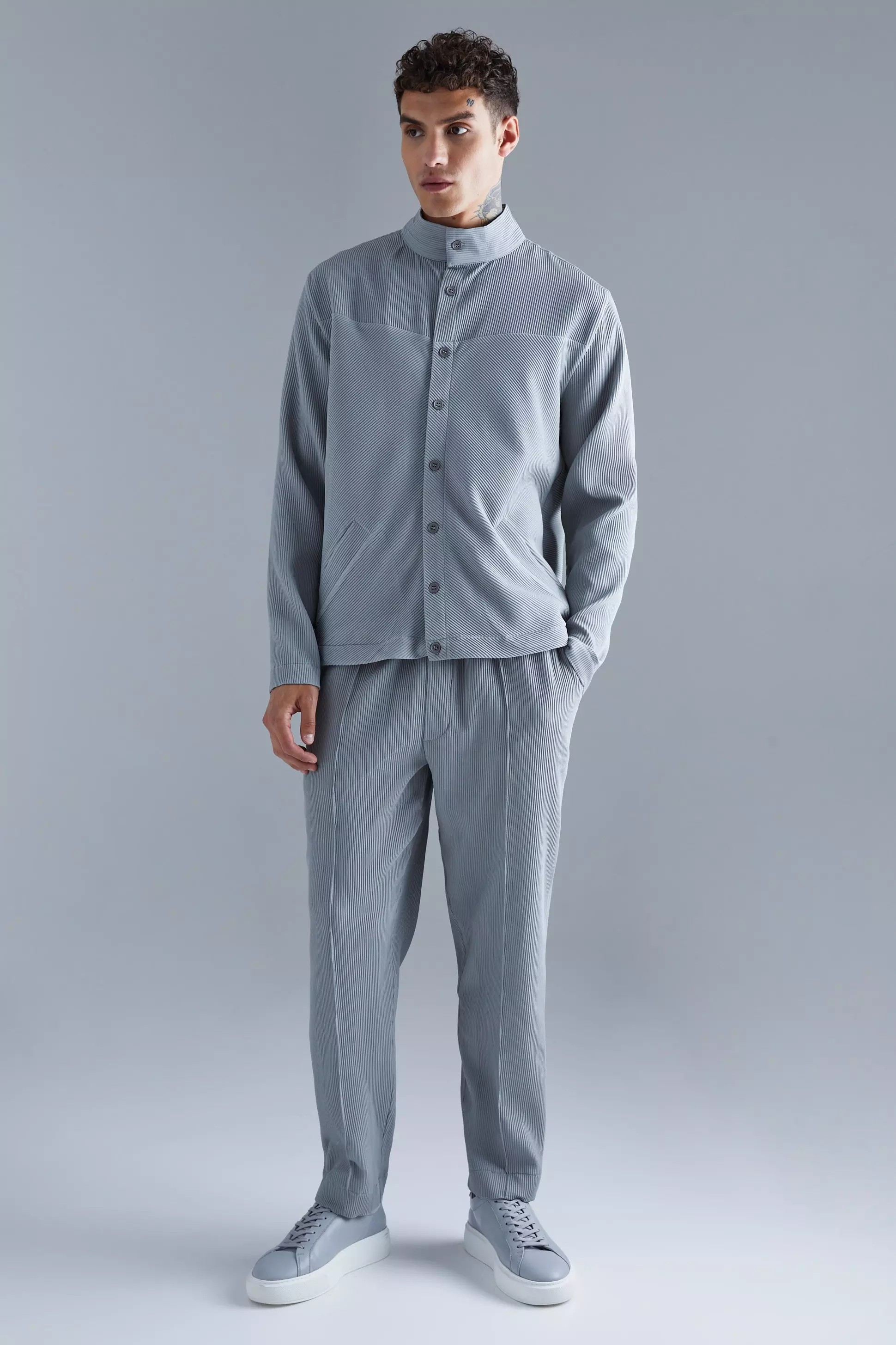 Pleated Harrington & Elasticated Pintuck Pants Set Grey