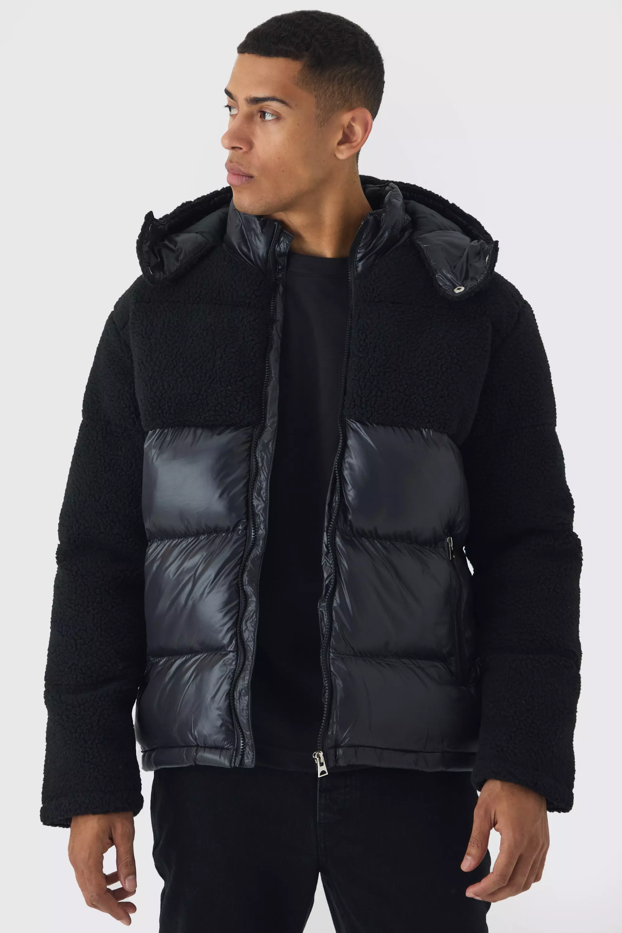 Borg and High Shine Hooded Puffer in Black Black