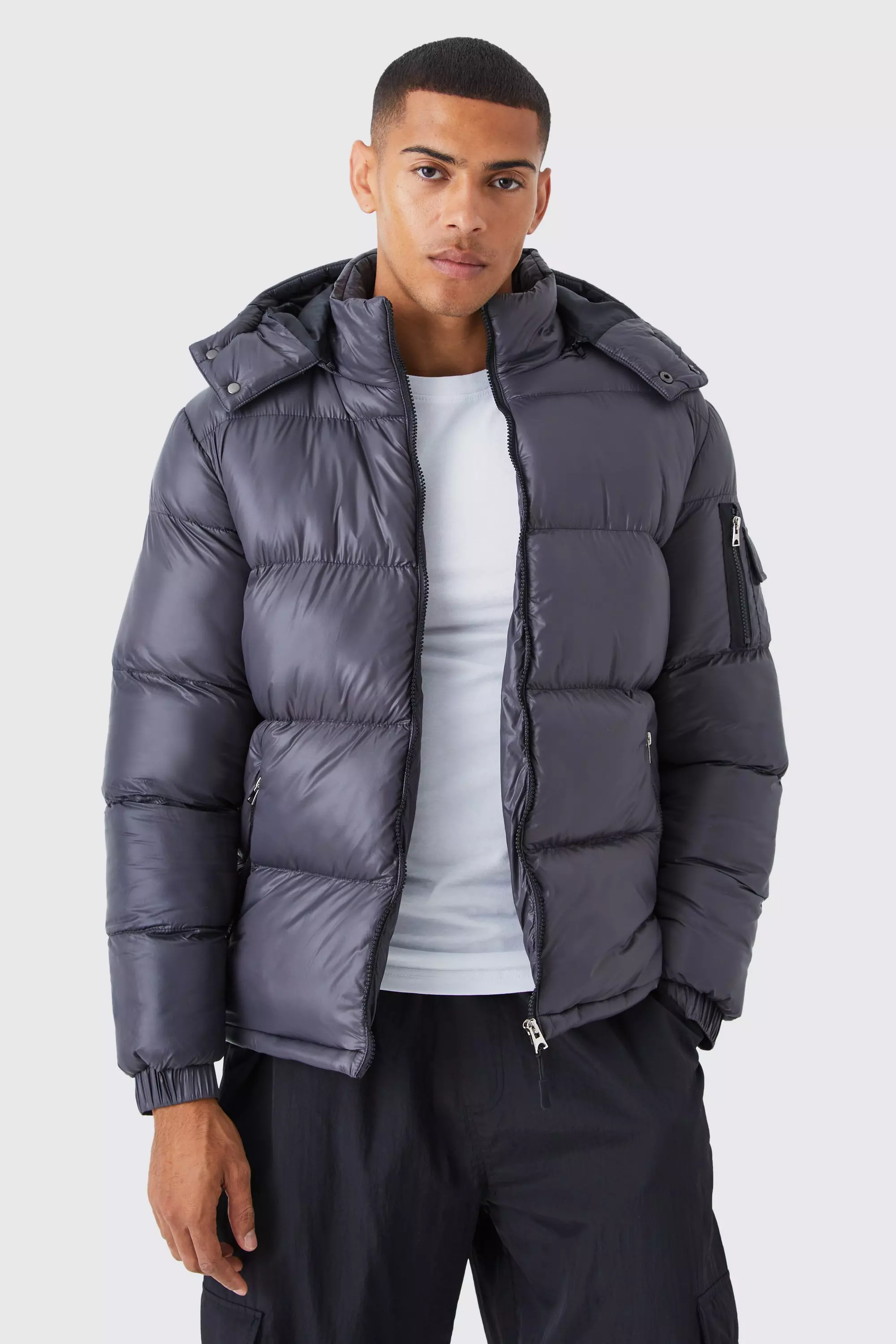 High Shine Hooded Puffer in Grey boohooMAN