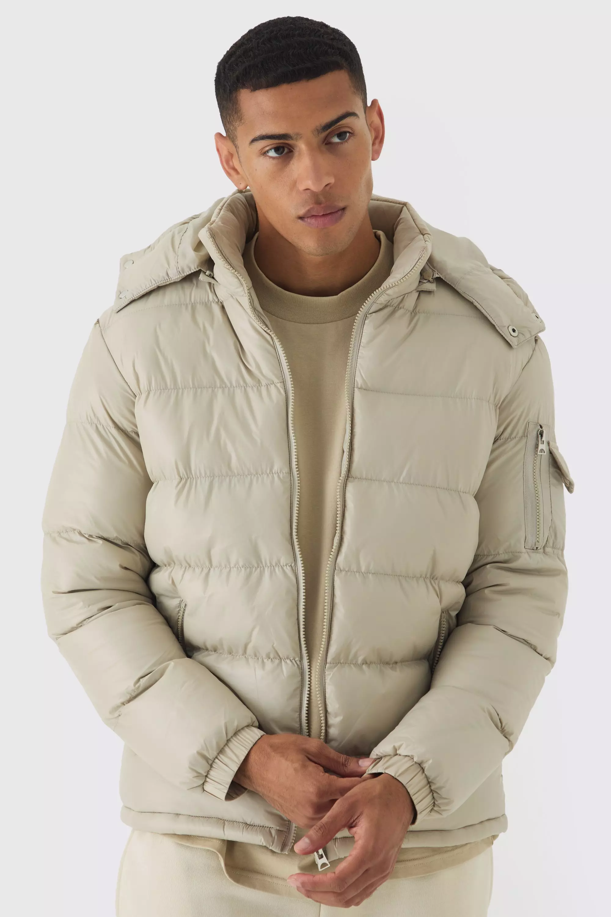 High Shine Padded Puffer Jacket in Stone Stone