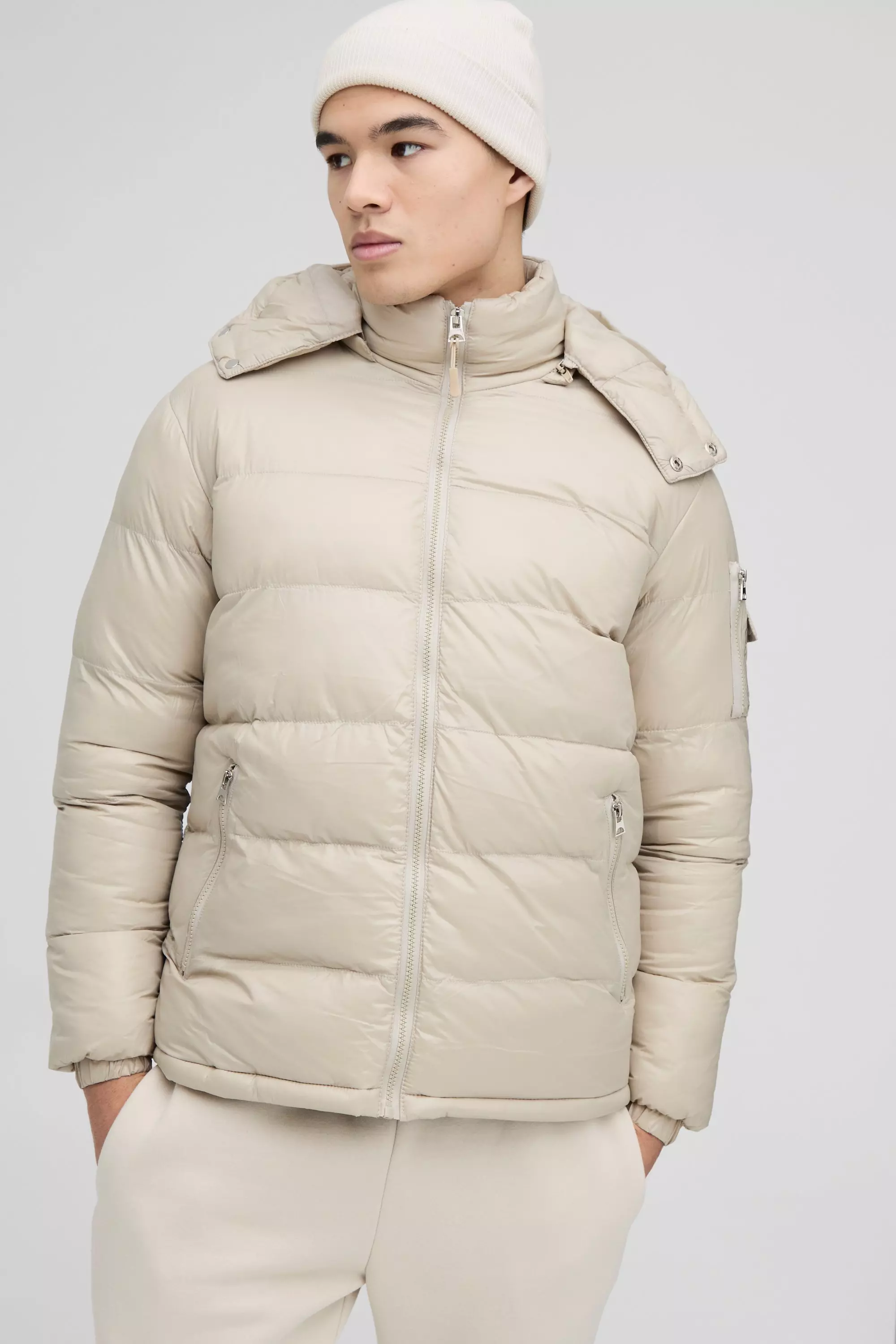 High Shine Padded Puffer Jacket in Stone boohooMAN UK