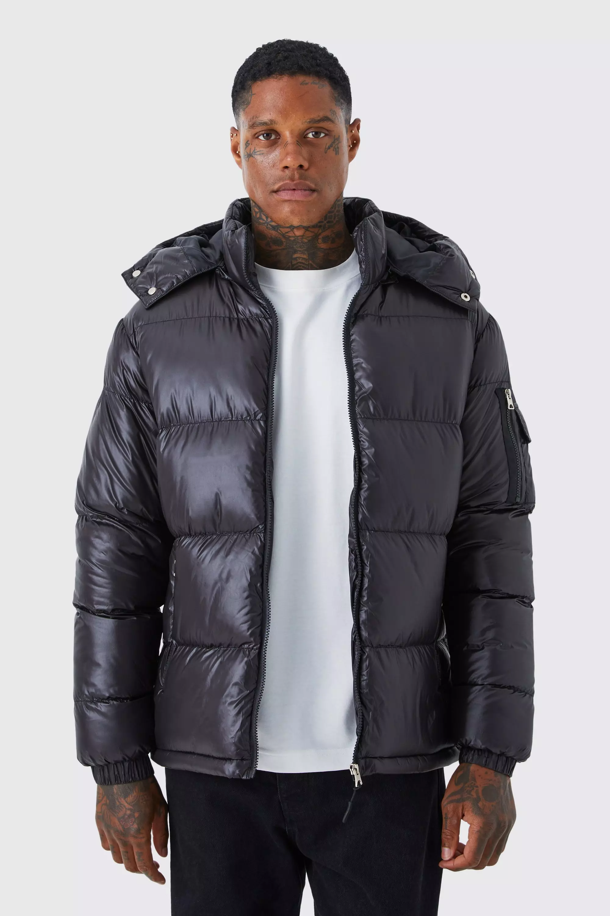 Black high shine puffer jacket with fur hood hotsell