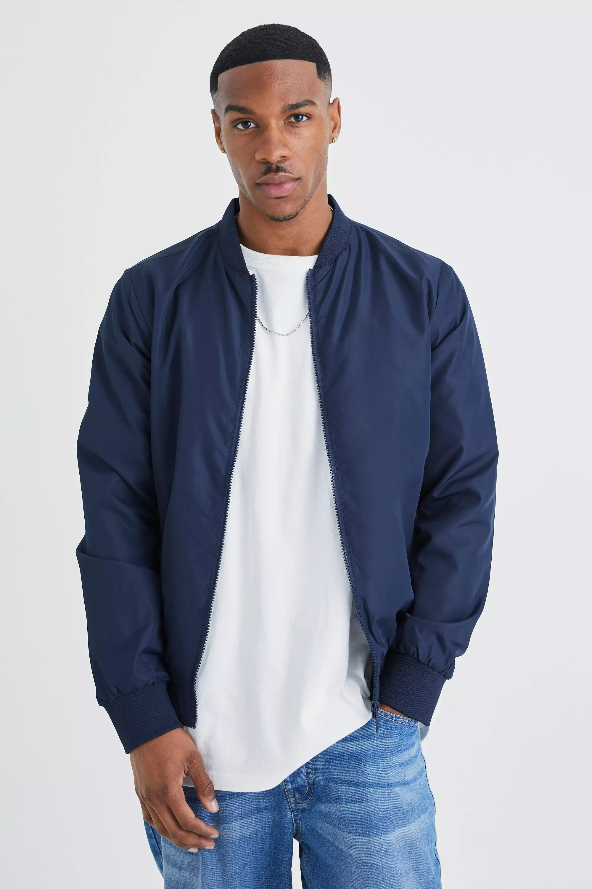 Navy Basic Nylon Bomber Jacket