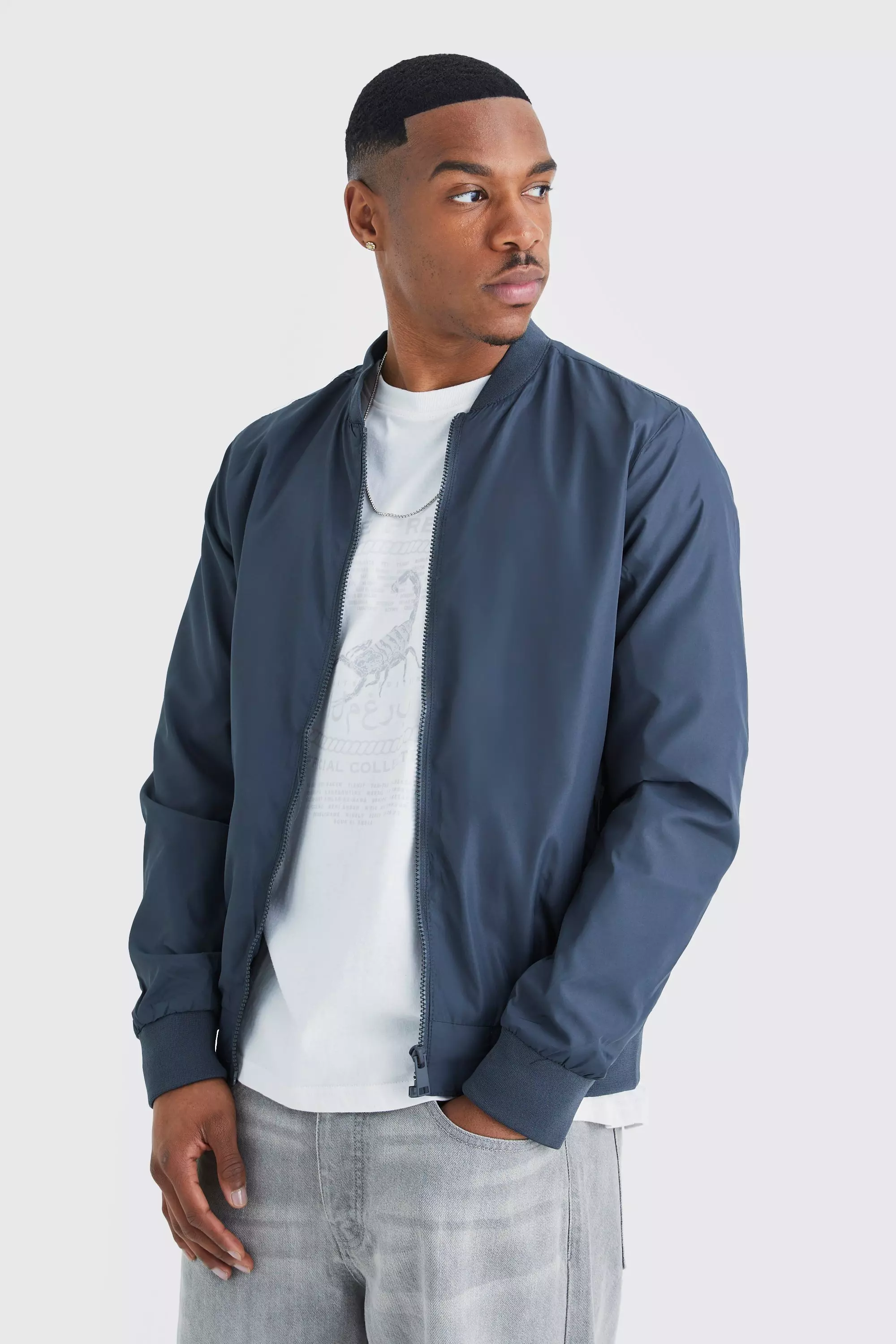 Basic Nylon Bomber Jacket Charcoal