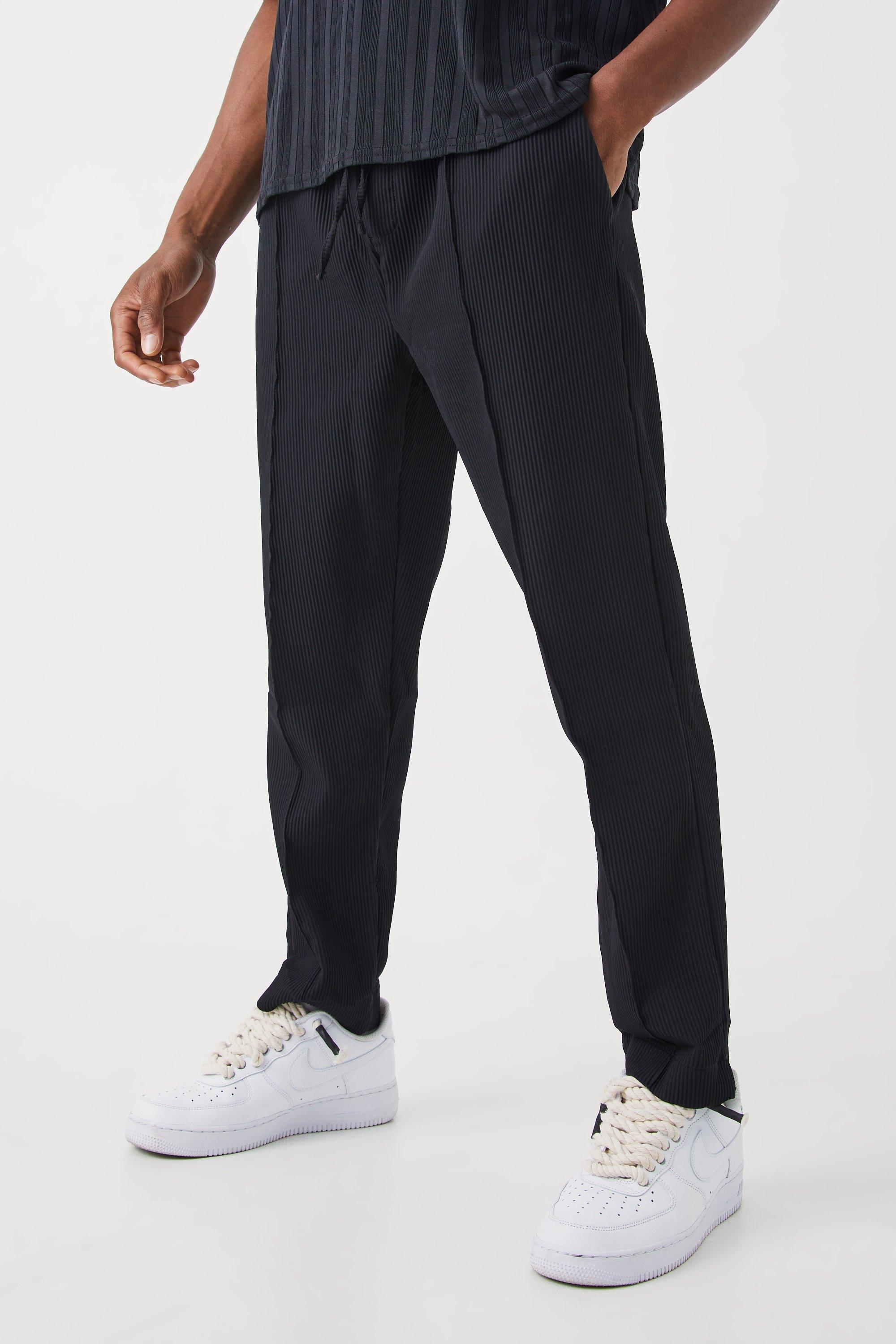 Black Geplooide Slim Fit Broek Met Elastische Tailleband