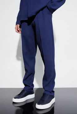Navy Pleated Tapered Elasticated Waistband Pants