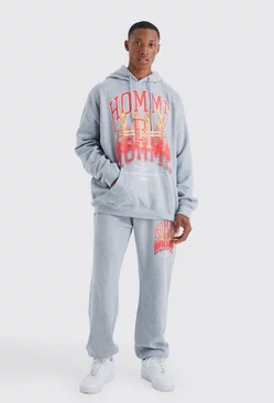 Homme Graphic Hooded Tracksuit Grey marl