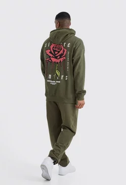 Rose Drip Graphic Hooded Tracksuit Khaki