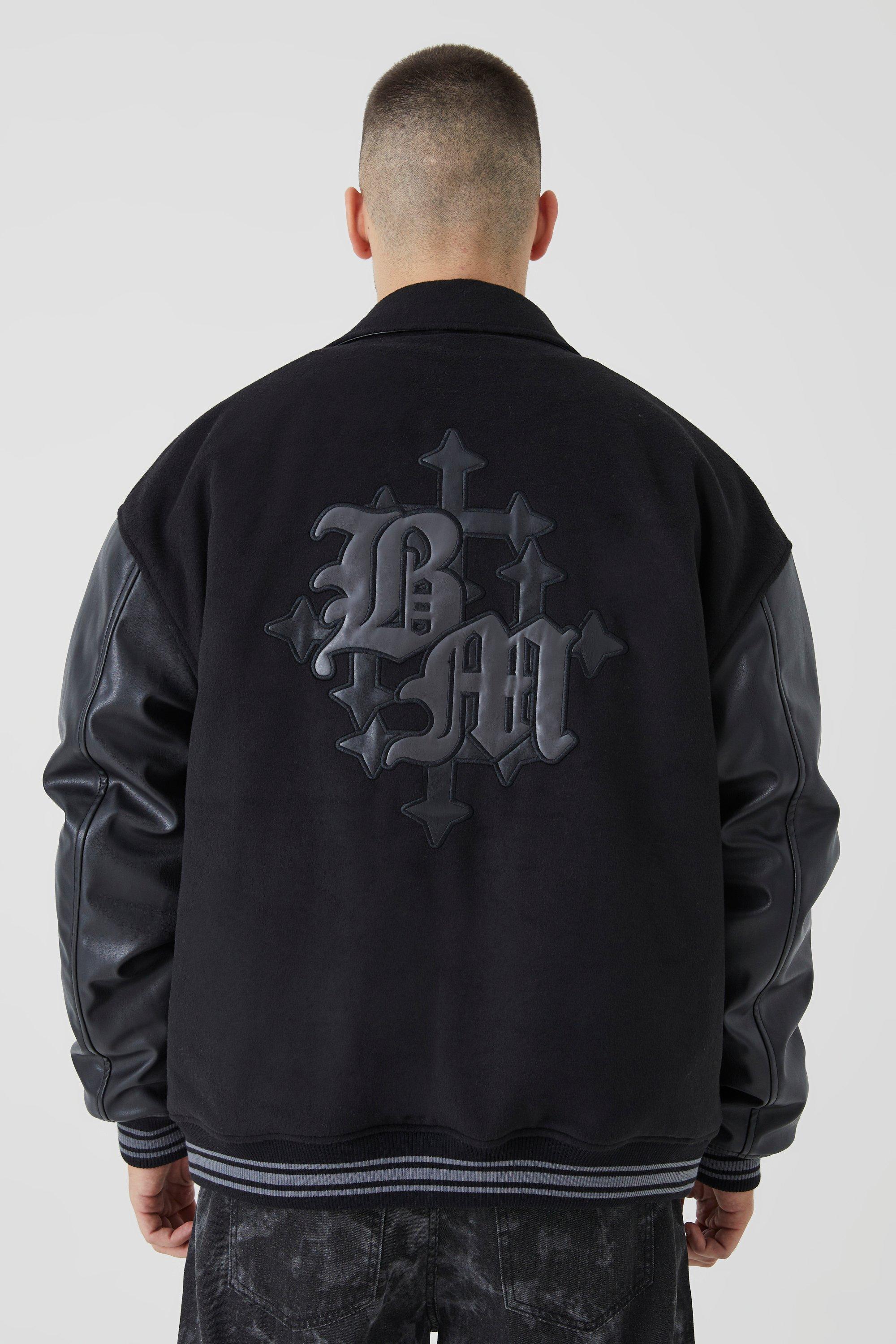 Tall Bm Melton & Pu Collared Varsity Jacket | boohooMAN UK