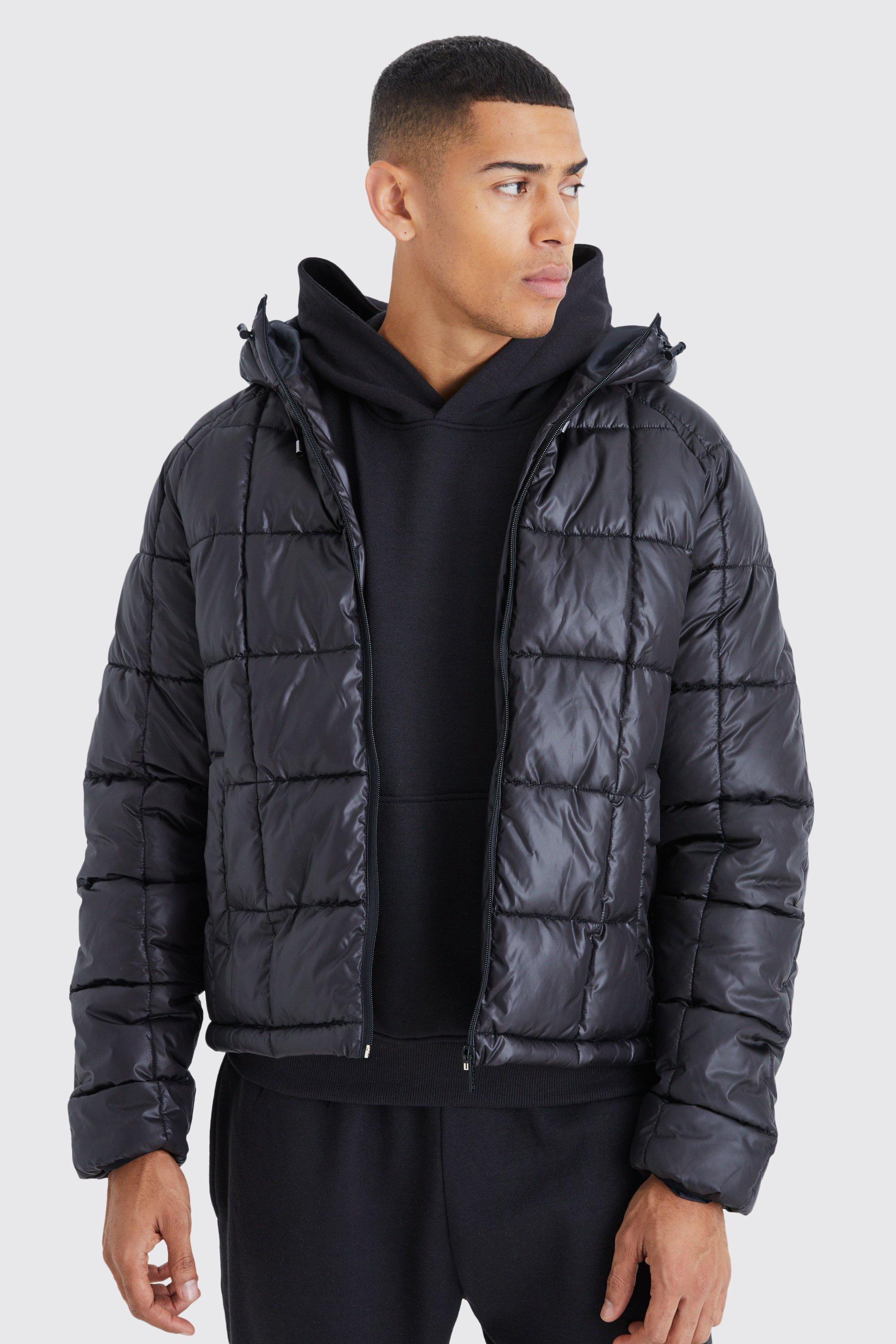 boohooMAN Mens Boxy Oversized PU Patch Peached Nylon Puffer - Black