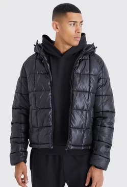 Black Boxy Square Quilted Puffer With Hood