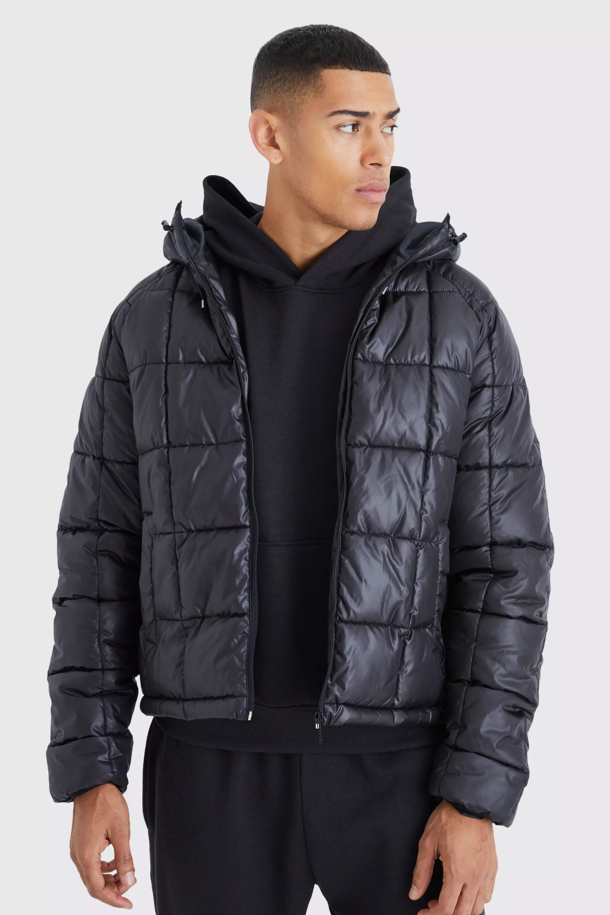 Black Boxy Square Quilted Puffer With Hood