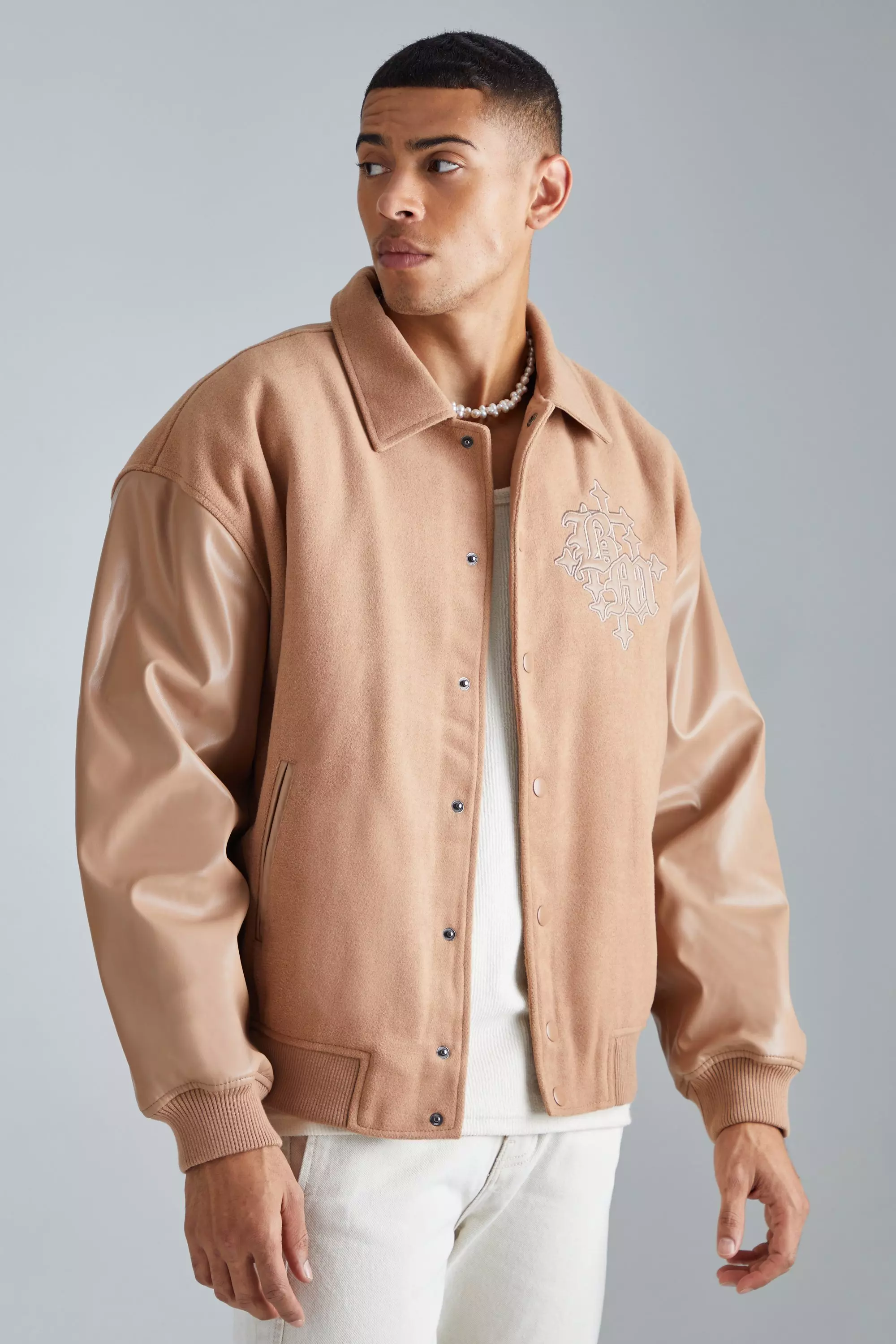 Taupe Beige Bm Melton & Pu Collared Varsity Jacket