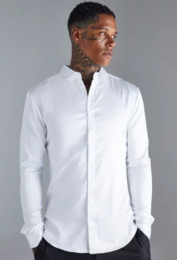 White Long Sleeve Muscle Satin Shirt