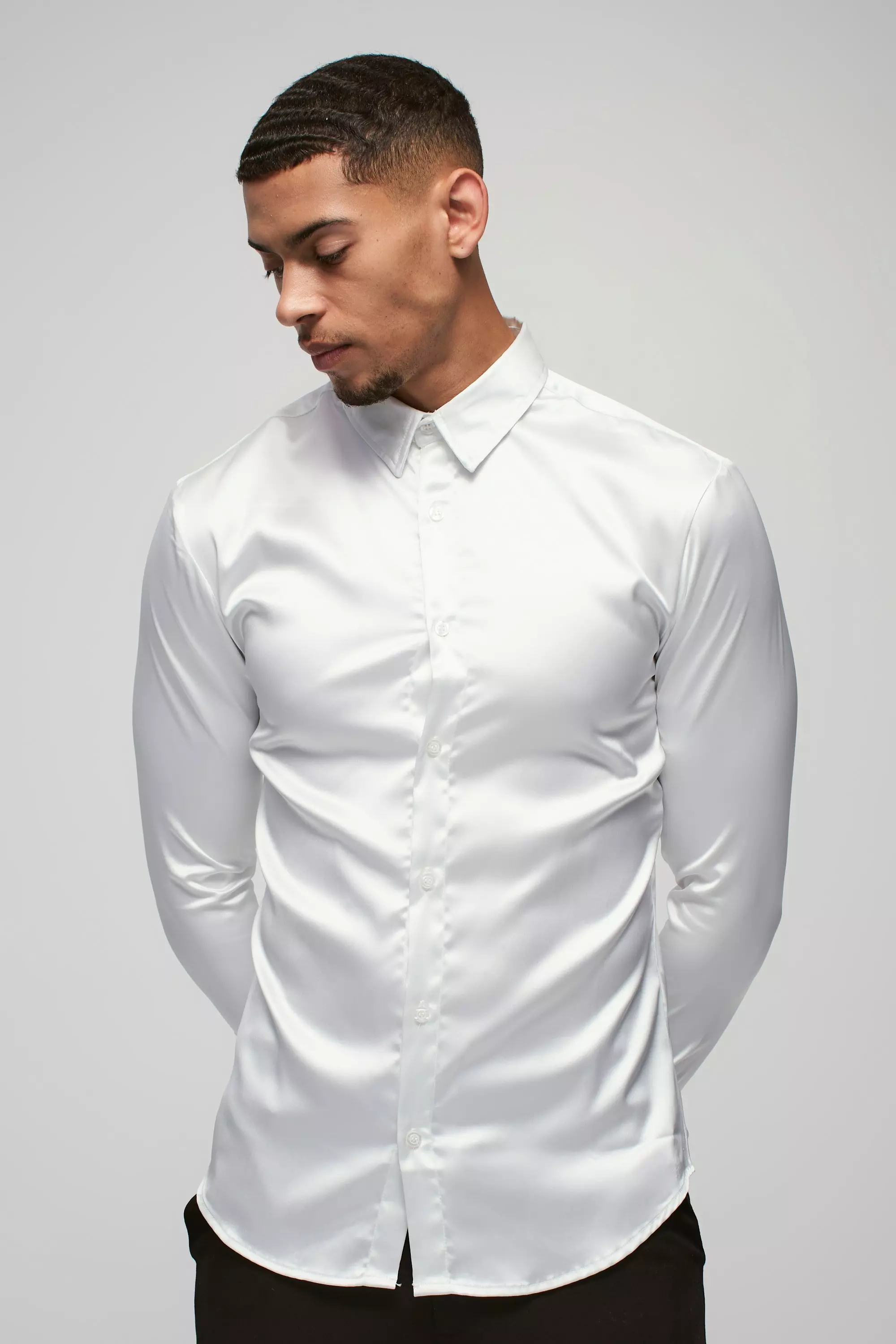 White Long Sleeve Muscle Satin Shirt