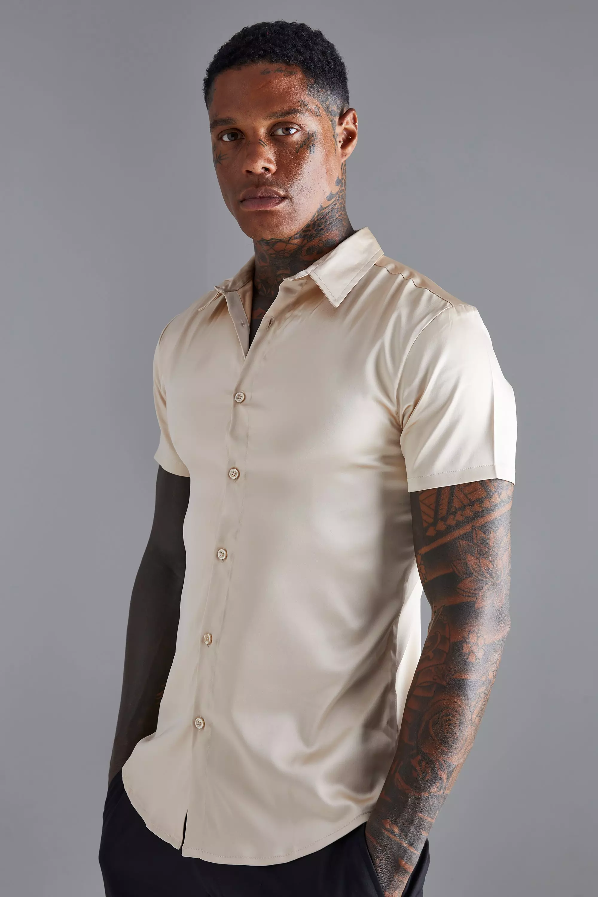 Stone Beige Short Sleeve Muscle Satin Shirt