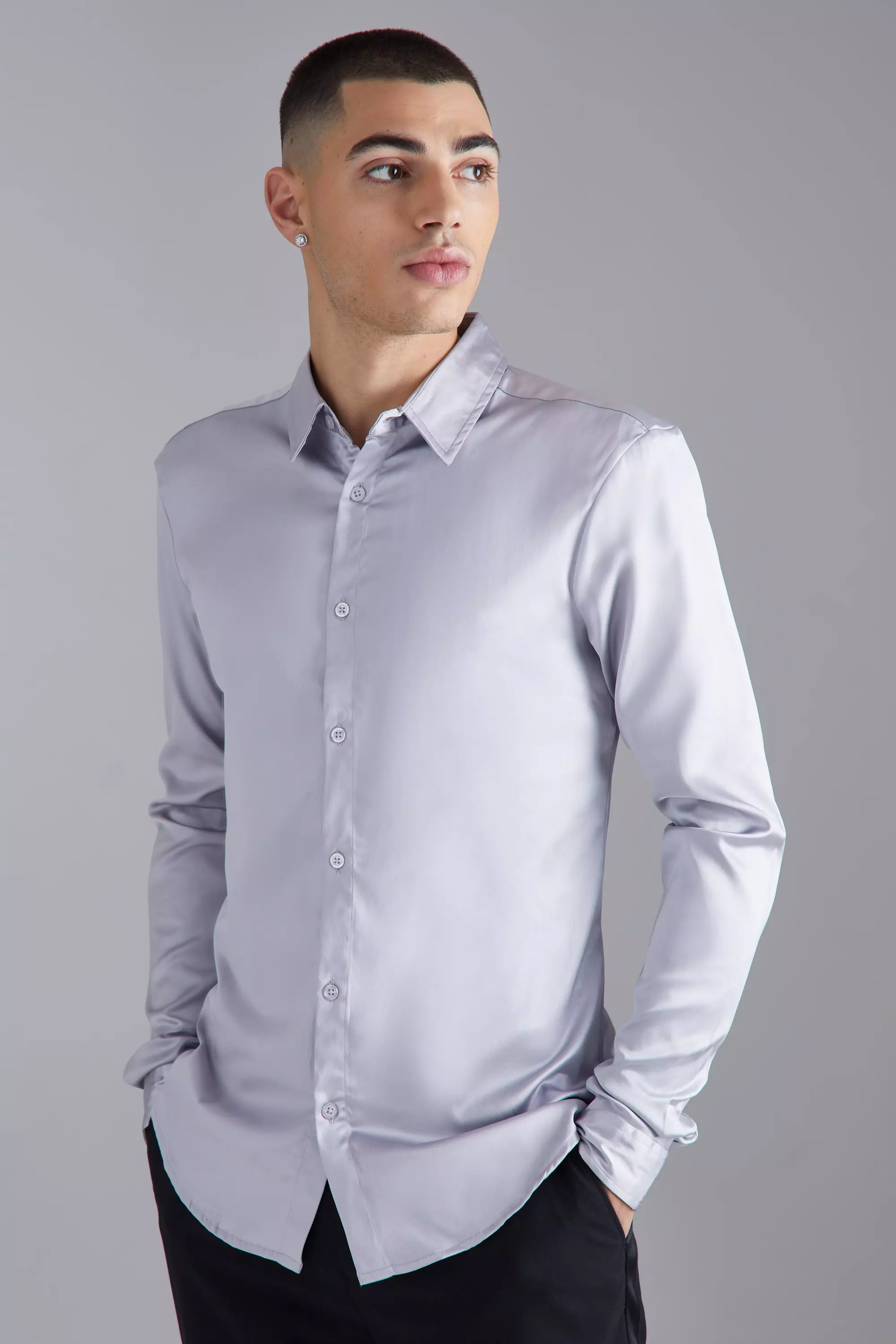 Grey Long Sleeve Muscle Satin Shirt