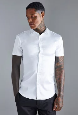 Short Sleeve Muscle Satin Shirt White