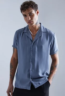 Short Sleeve Revere Sateen Look Shirt slate blue