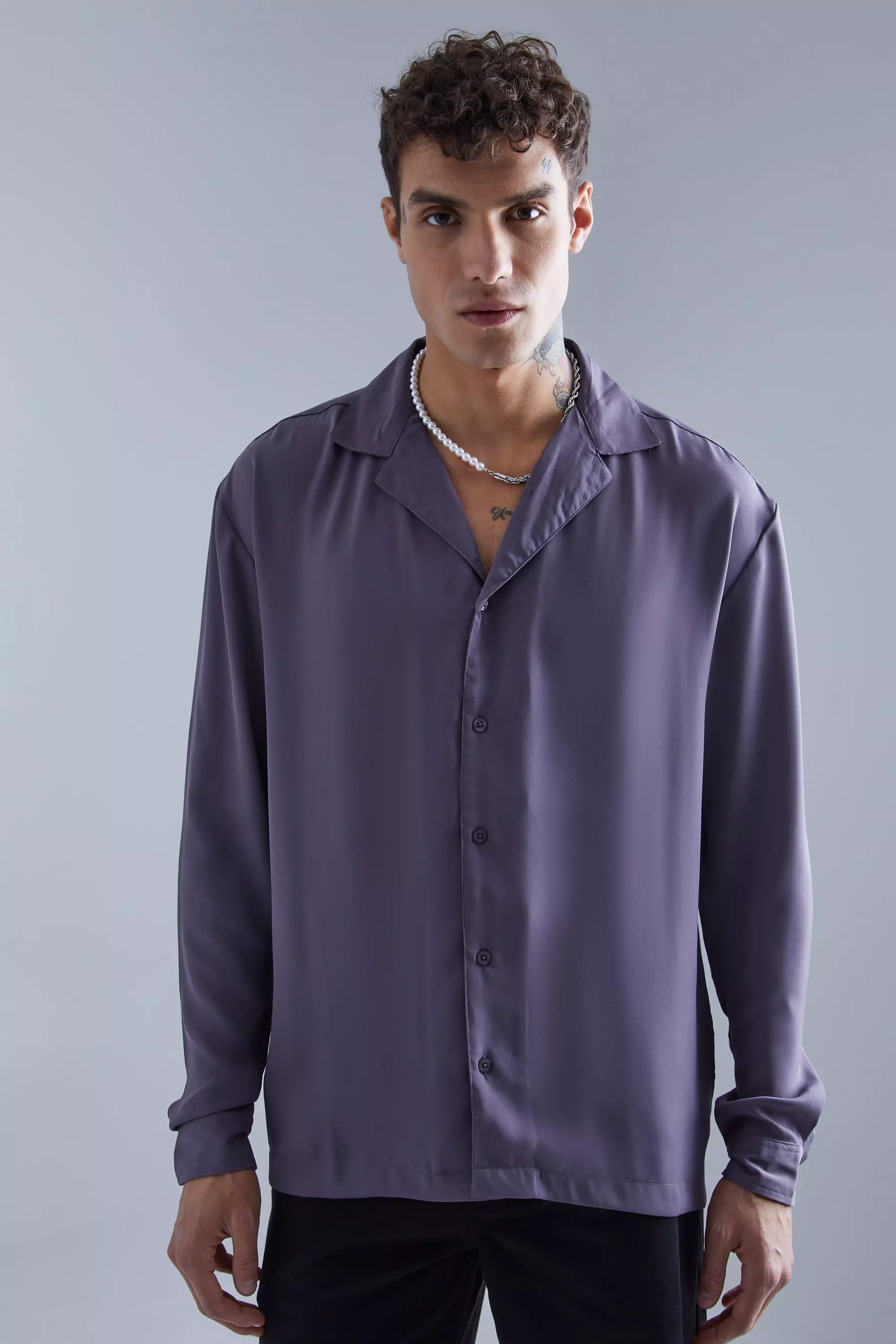 Charcoal Grey Long Sleeve Drop Revere Sateen Look Shirt