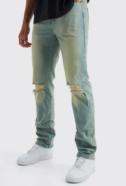 Tall Relaxed Rigid Tinted Knee Rip Jeans Green