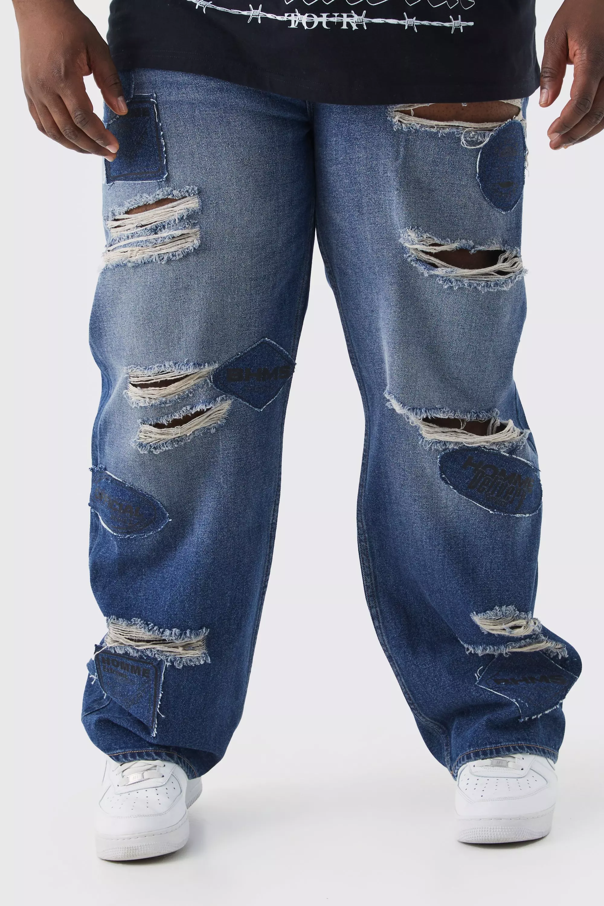 Blue Plus Relaxed Rigid Applique Ripped Jeans