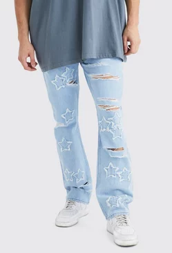 Tall Slim Rigid Flare Star Applique Jeans Ice blue