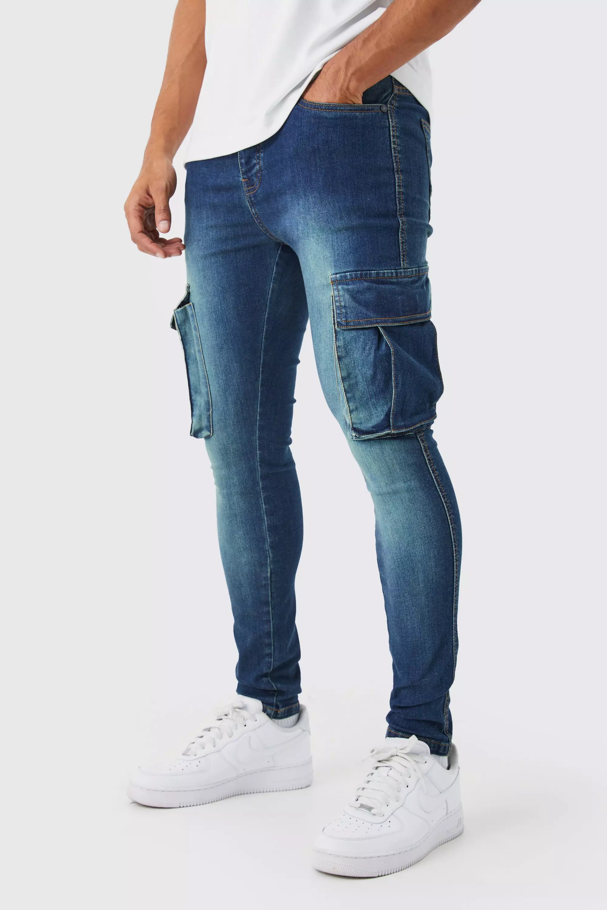 Blue Super Skinny Stretch Cargo Jeans