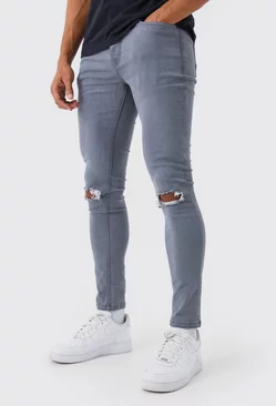 Grey Super Skinny Stretch Ripped Knee Jeans