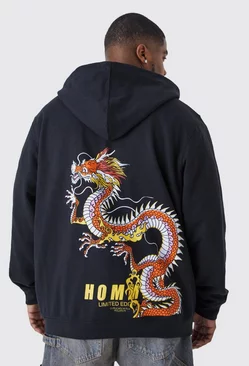 Black Plus Dragon Back Graphic Zip Thru Hoodie