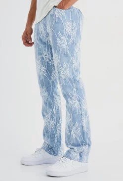 Blue Slim Rigid Flare Lace Overlay Jeans