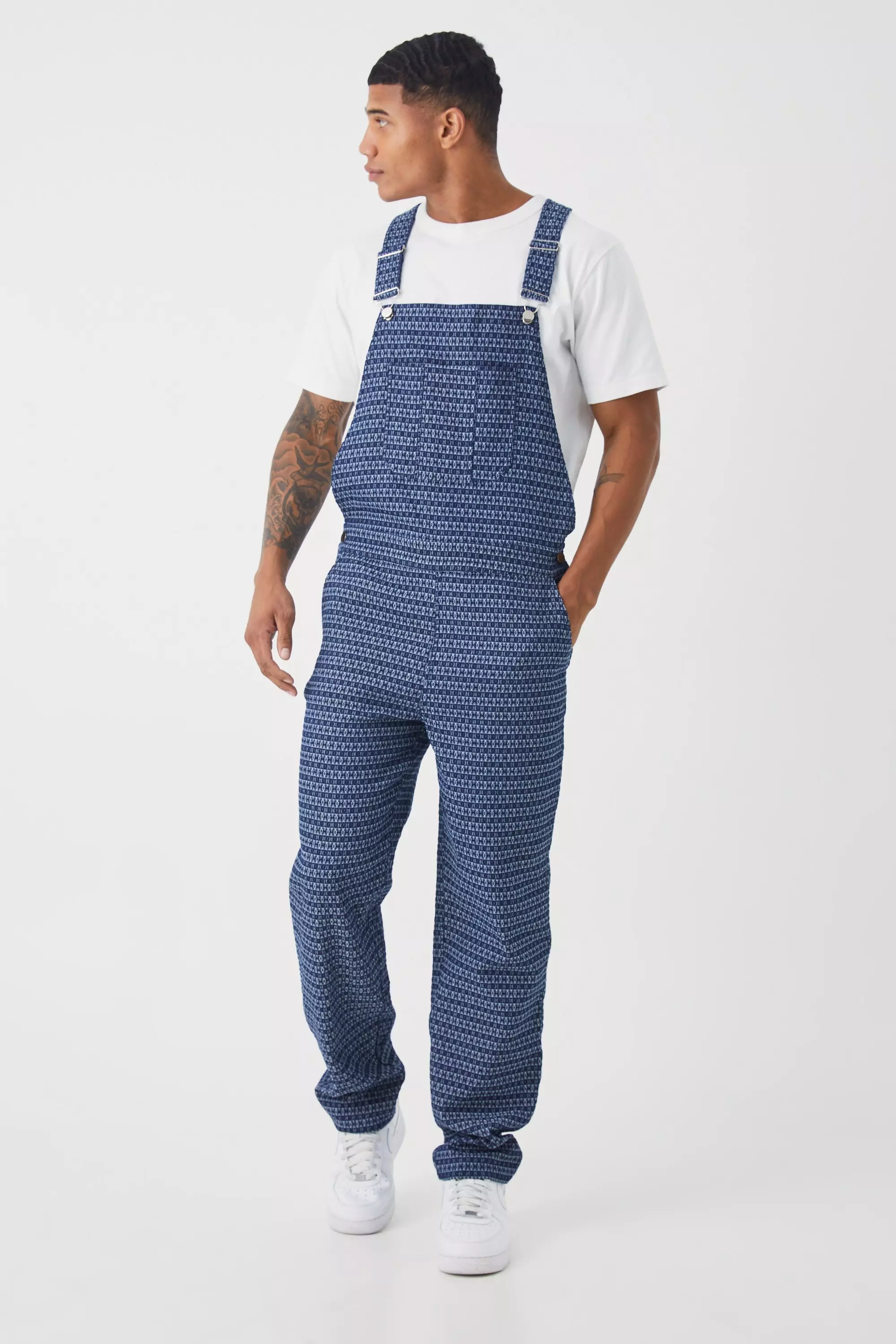 Blue Relaxed Fit Fabric Interest Denim Overalls