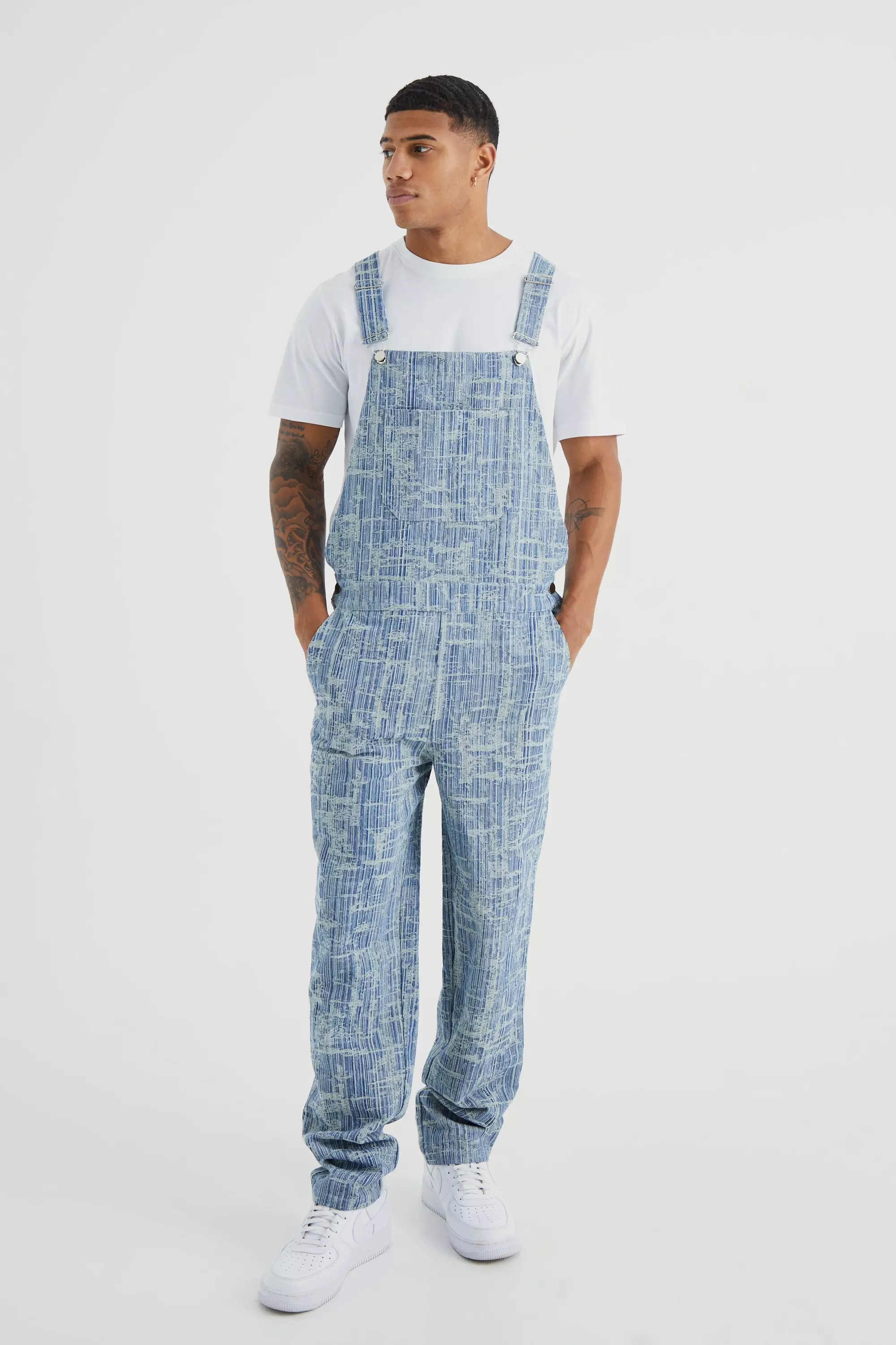 Relaxed Distressed Fabric Interest Overalls Mid blue