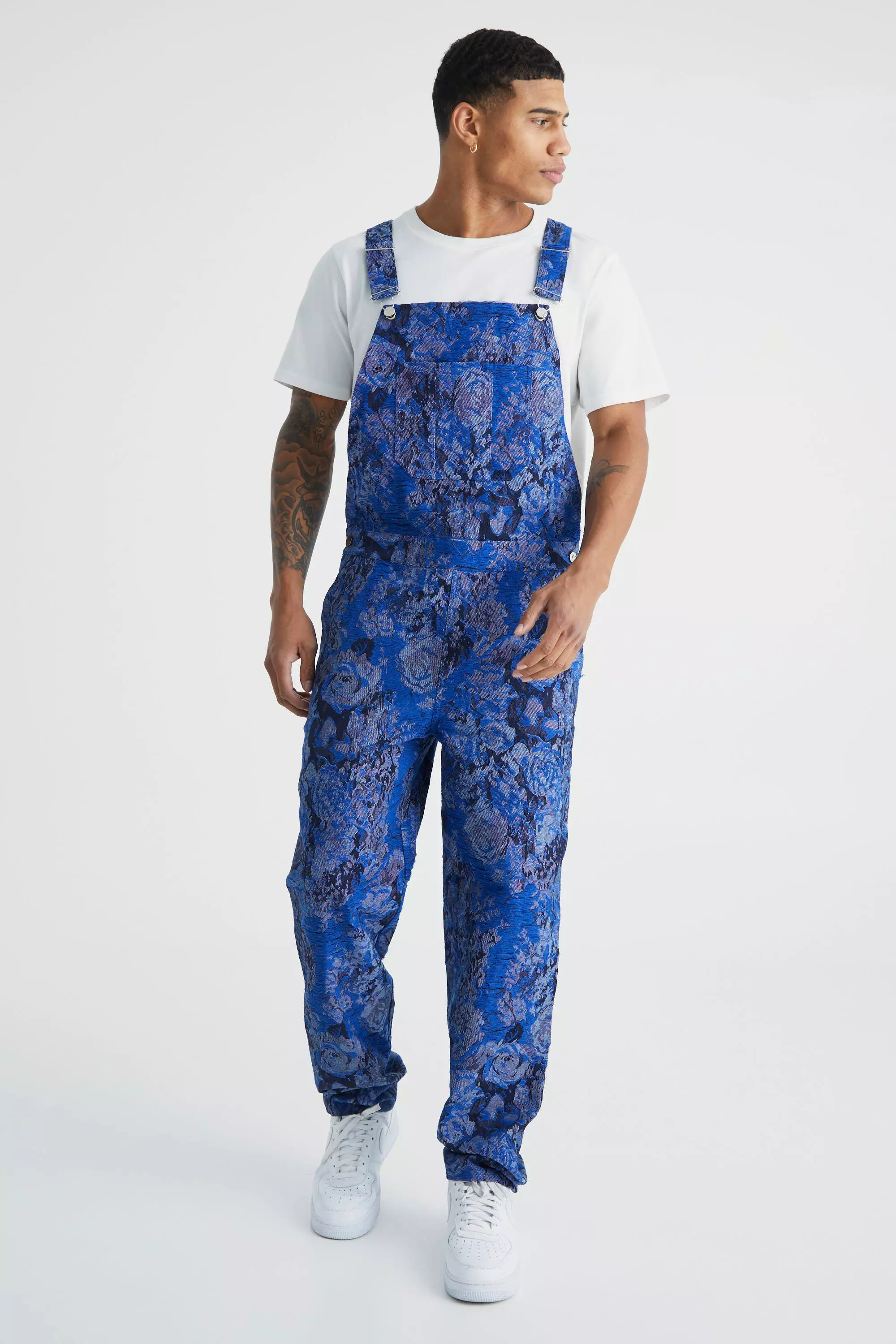 Relaxed Distressed Tapestry Overalls Blue