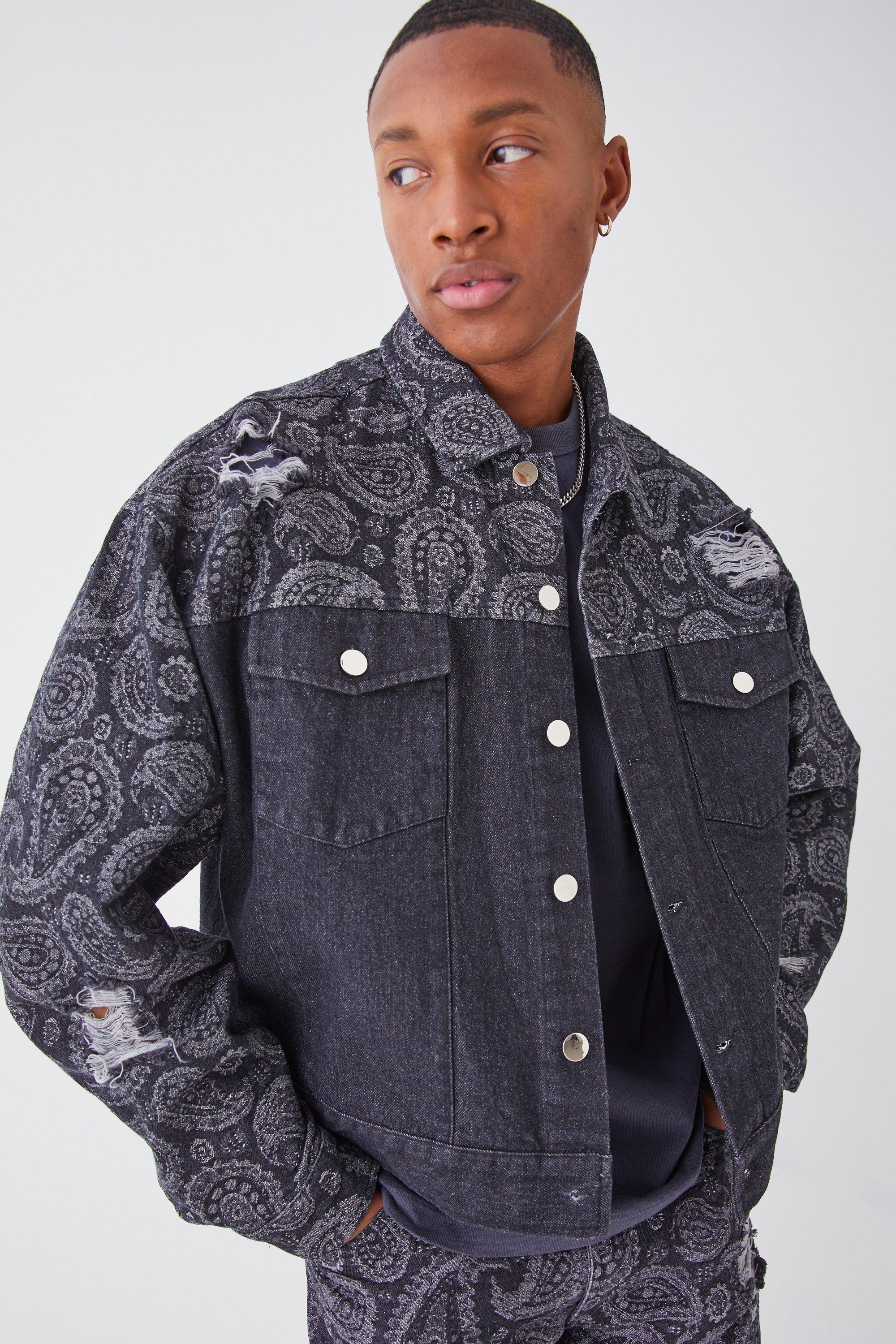 Kastige gespleißte Jeansjacke mit Paisley-Print, Black