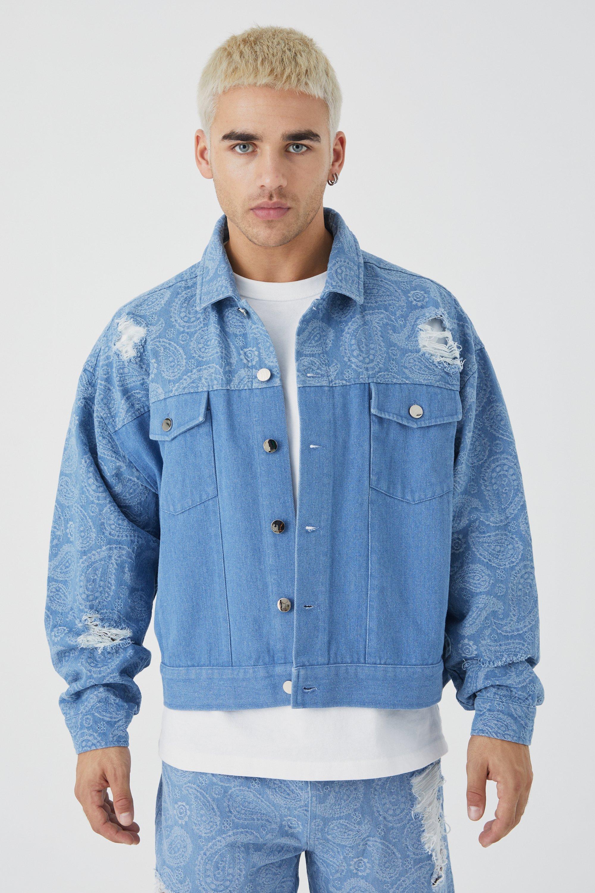 Kastige gespleißte Jeansjacke mit Paisley-Print, Mid blue